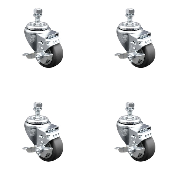 Service Caster 3 Inch SS Thermoplastic Rubber Swivel 1/2 Inch Threaded Stem Caster Set Brake SCC SCC-SSTS20S314-TPRB-TLB-381615-4 - main